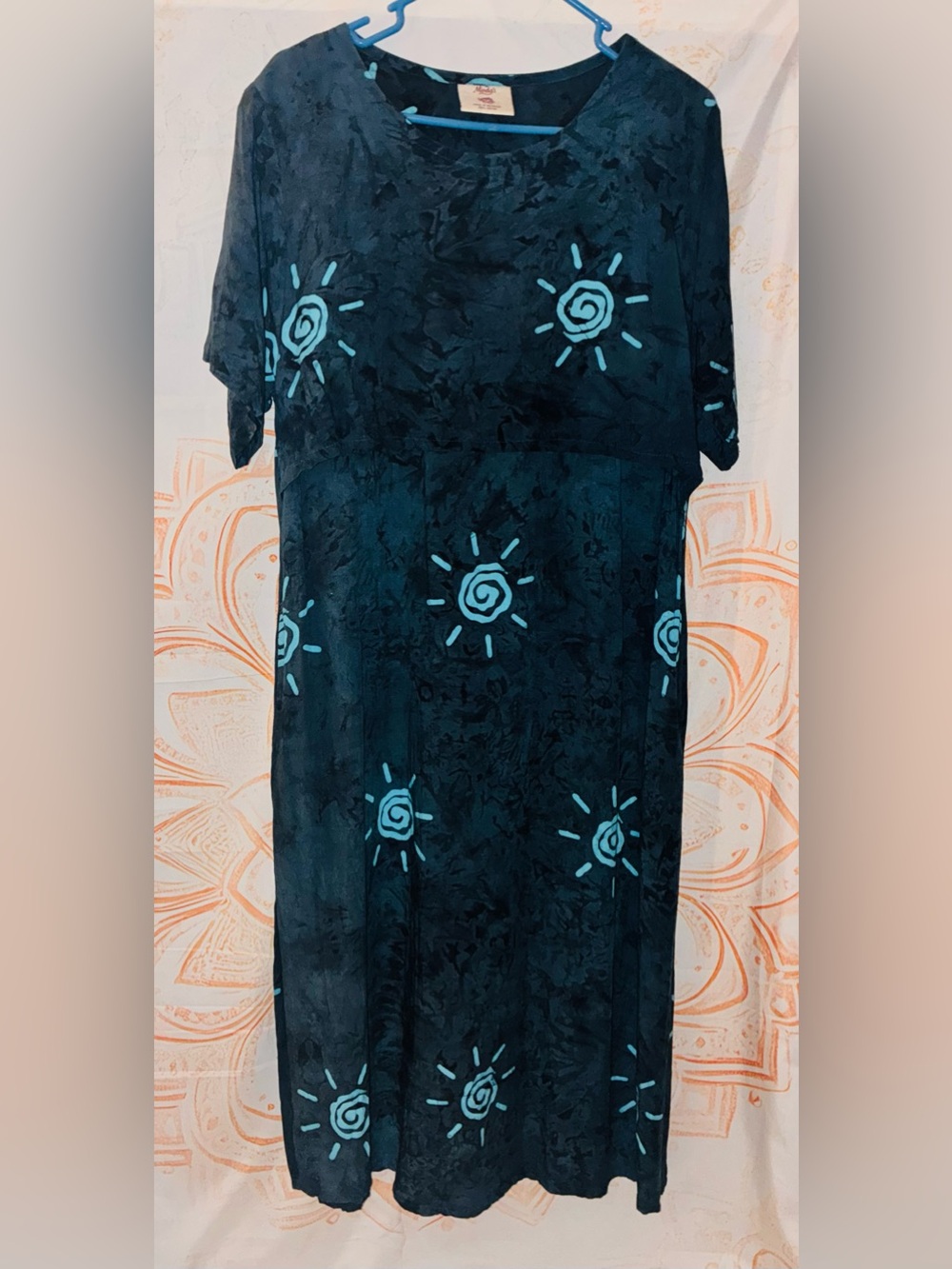 raya sun Vintage Navy Maxi Dress with Teal Sunburst Accents & Pockets